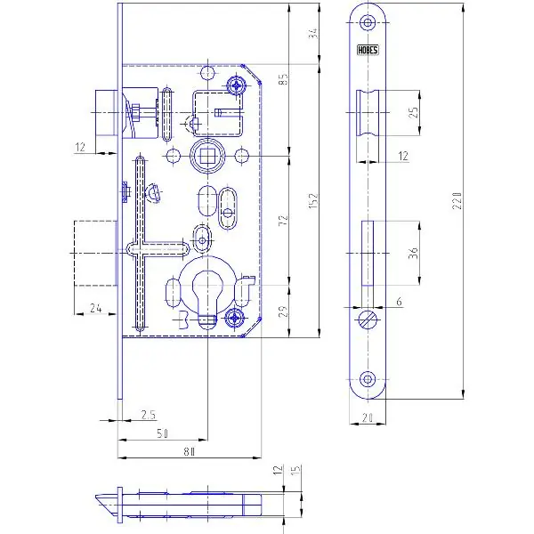 HOBES zadlabací zámek K 133, PZW, DM 50mm, rozteč 72mm, štulp ocel pozink Autentický