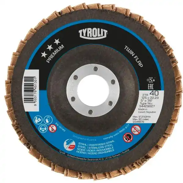 Autentický TYROLIT Brusný lamelový kotouč TwinFlap Premium*** zalomený Ø 125 mm K40 27A