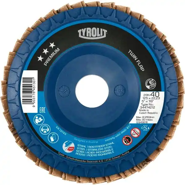 TYROLIT Brusný lamelový kotouč TwinFlap Premium*** zalomený Ø 125 mm K60 27A Poslední Šance