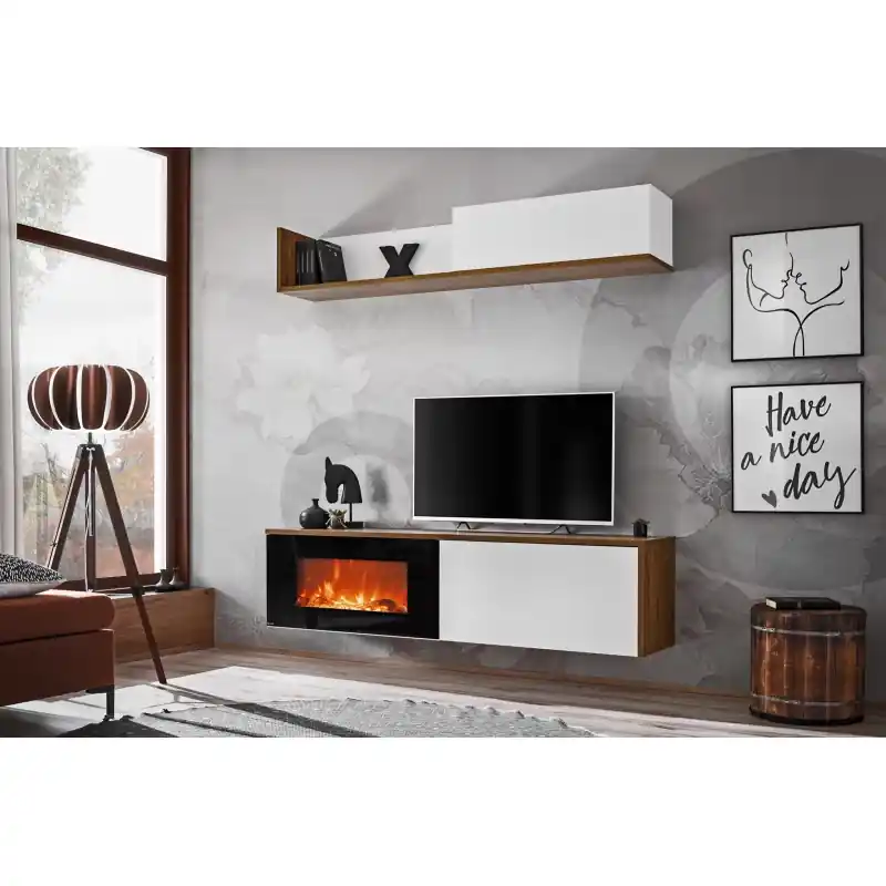 Obývací stěna s elektrickým krbem AGRIA - dub sterling / bílá Must-Have