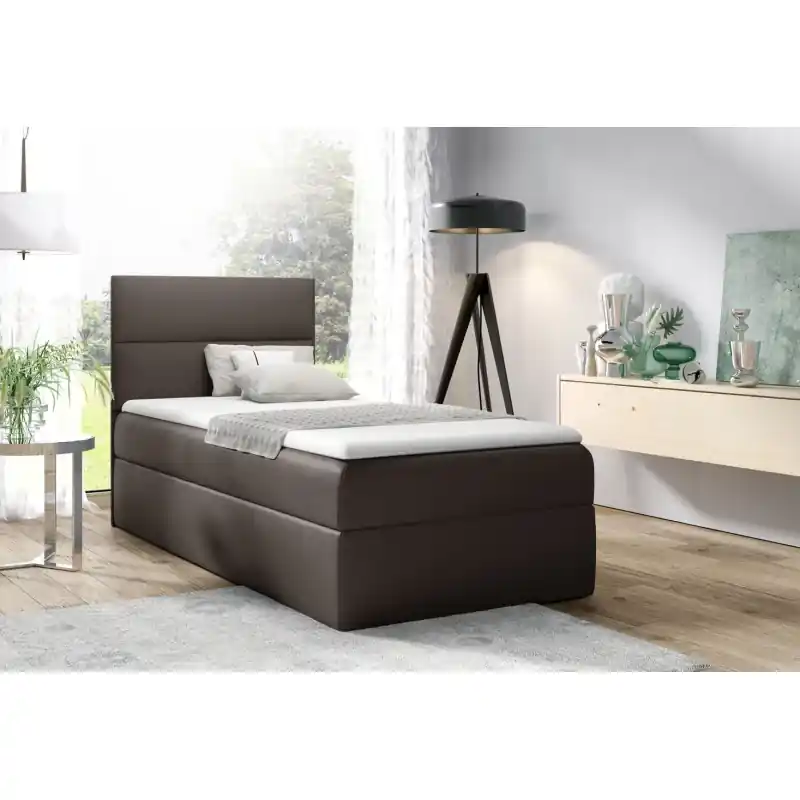 Akční Cena Čalouněná jednolůžková postel OLENA - 100x200, tmavě hnědá + topper ZDARMA