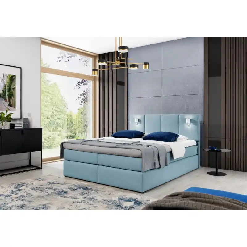 Speciální Cena Boxspringová postel s lampami DANUTA - 180x200, světle modrá + topper ZDARMA