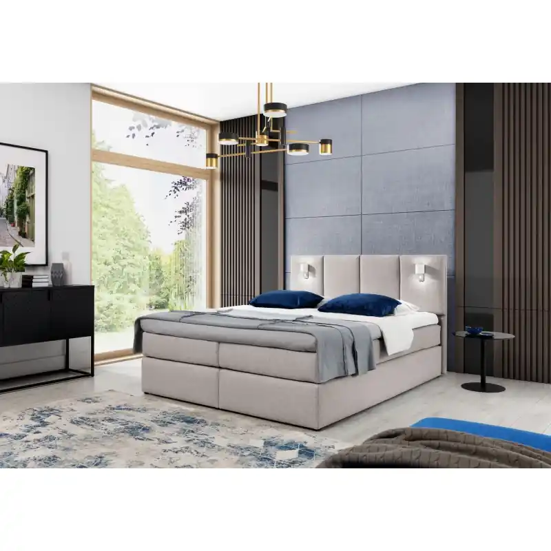 Bezpečná Platba Boxspringová postel s lampami DANUTA - 180x200, béžová + topper ZDARMA
