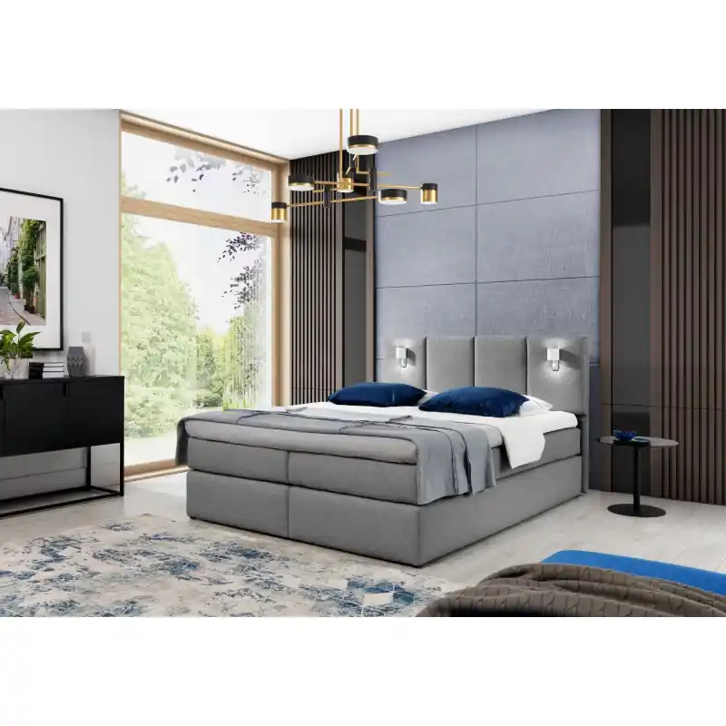 Speciální Cena Boxspringová postel s lampami DANUTA - 140x200, šedá + topper ZDARMA