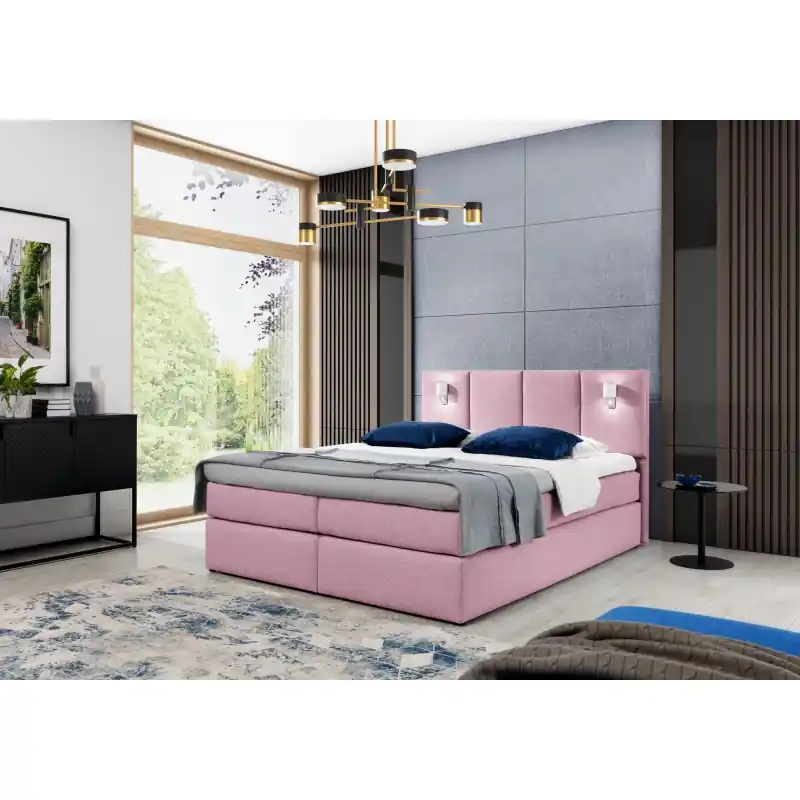 Aktuální Boxspringová postel s lampami DANUTA - 140x200, růžová + topper ZDARMA