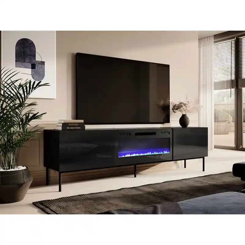 Originální TV stolek s elektrickým krbem TOKA - lesklý černý / černý