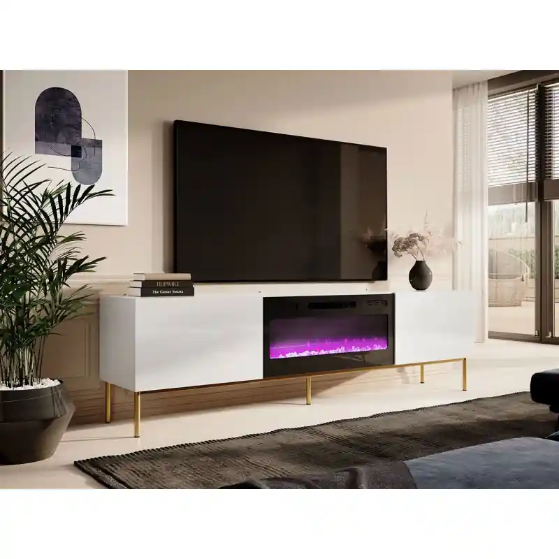 TV stolek s elektrickým krbem TOKA - lesklý bílý / zlatý Nejprodávanější