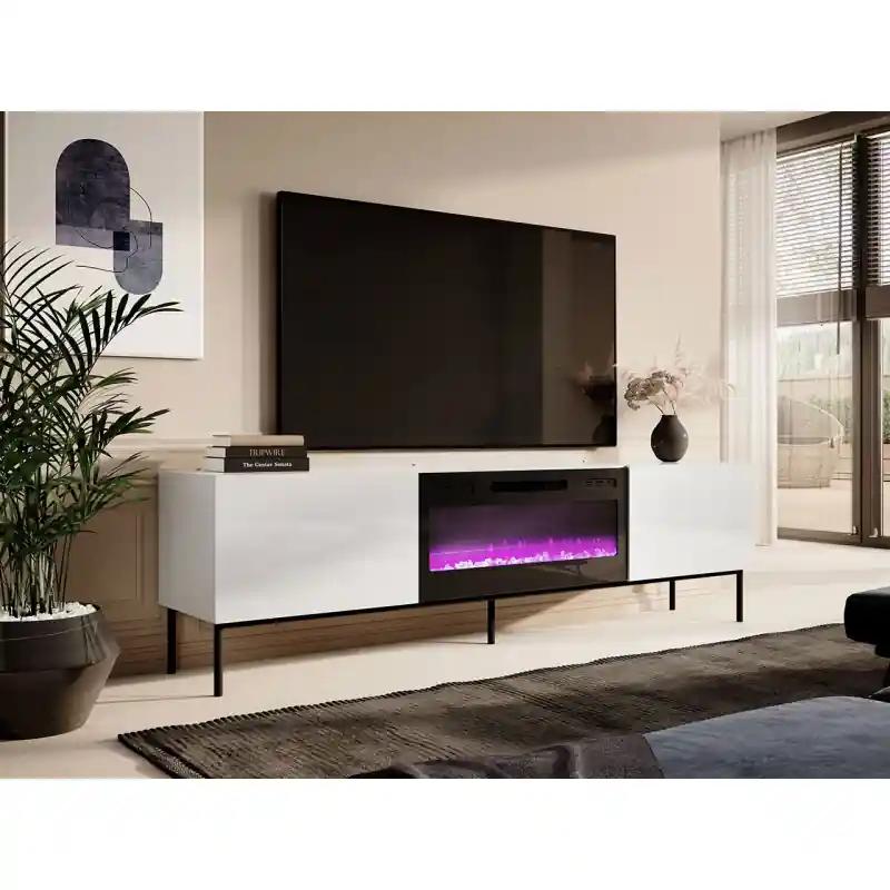 Rychlé Dodání TV stolek s elektrickým krbem TOKA - lesklý bílý / černý