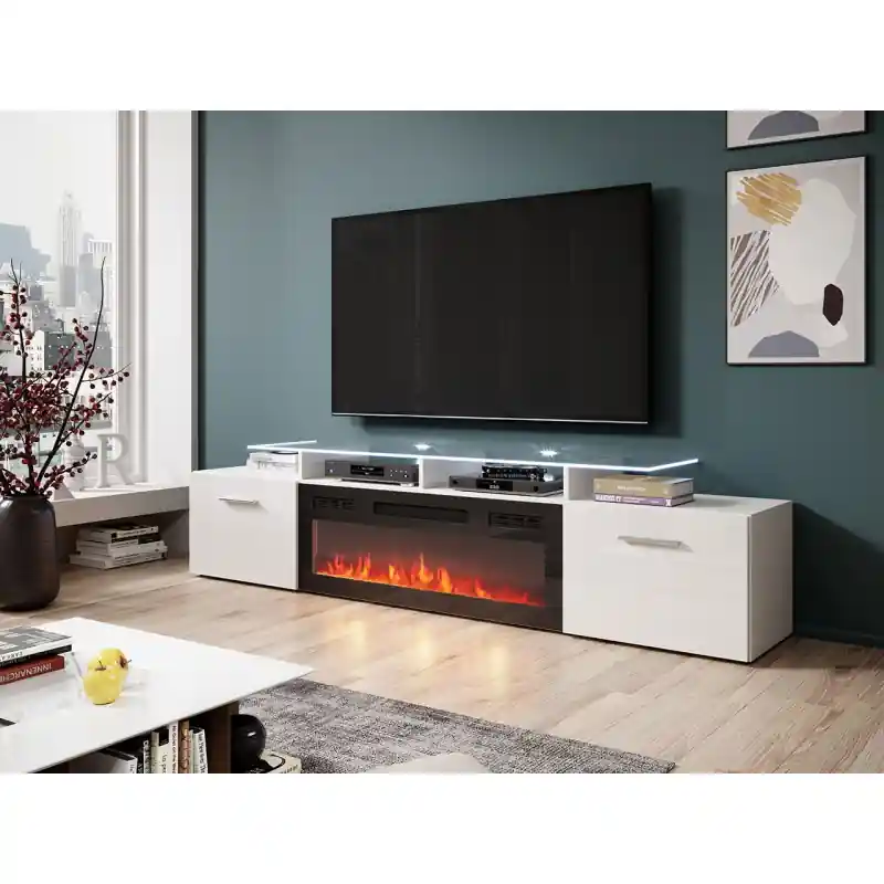 TV stolek s elektrickým krbem OKEMIA - bílý / lesklý bílý + LED osvětlení ZDARMA Expresní Doručení