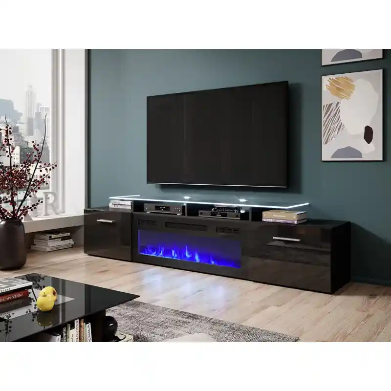 Odeslání Ihned TV stolek s elektrickým krbem OKEMIA - černý / lesklý černý