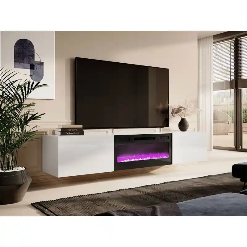 Ihned K Objednání Závěsný TV stolek s elektrickým krbem TOKA - bílý / lesklý bílý