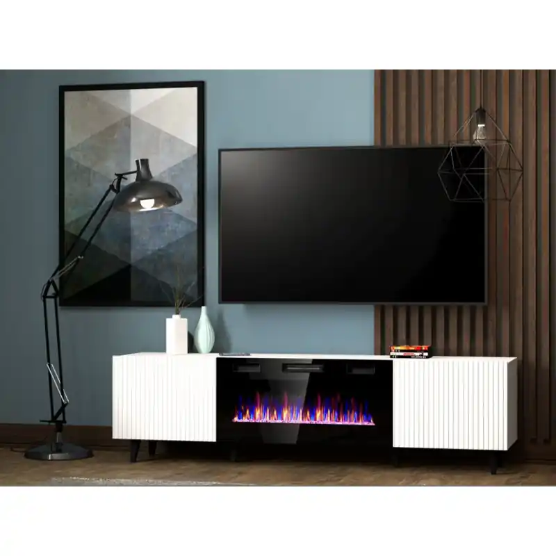 Televizní stolek s elektrickým krbem CRATO - černý / bílý Výprodej