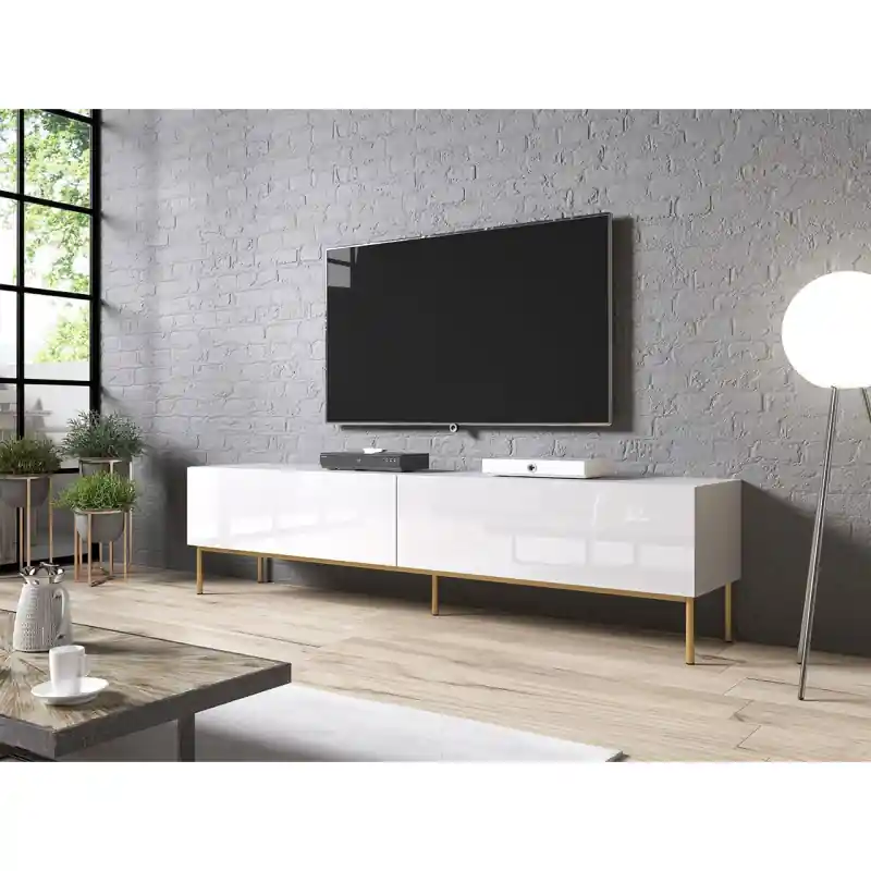 TV stolek TOKA - 200cm, lesklý bílý / zlatý Akce