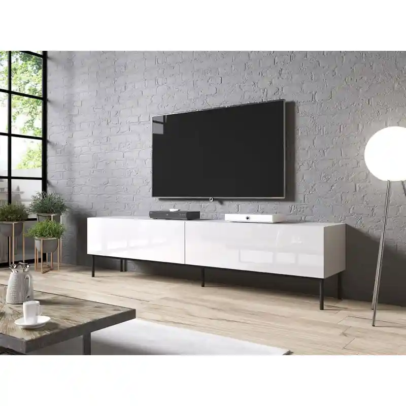 Víkendová Akce TV stolek TOKA - 200 cm, lesklý bílý / černý