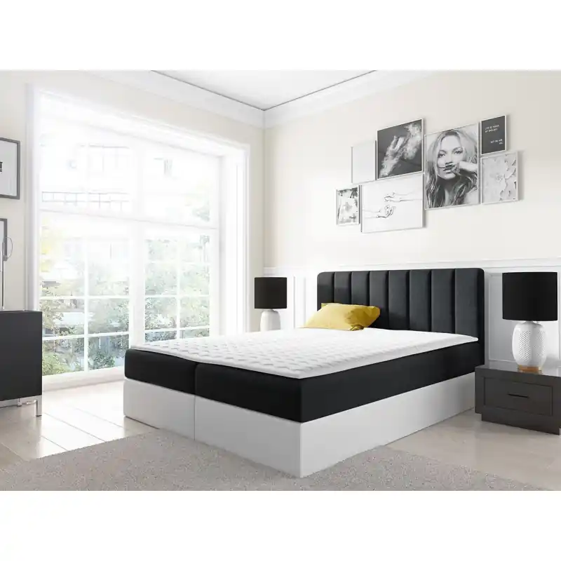 Kontinentální manželská postel 160x200 VICTORO - bílá ekokůže / černá + topper ZDARMA Ověřený