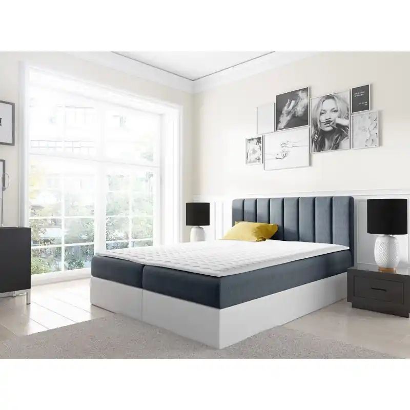 Ověřený Kontinentální manželská postel 140x200 VICTORO - bílá ekokůže / modrá + topper ZDARMA