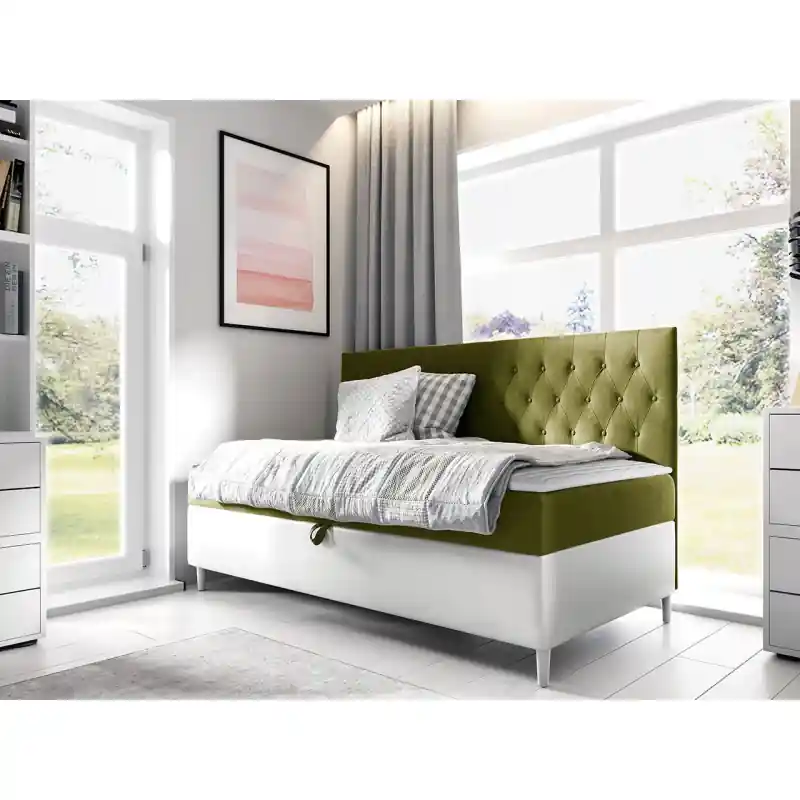 Pouze Dnes Boxspringová jednolůžková postel 90x200 PORFIRO 2 - bílá ekokůže / khaki + topper ZDARMA