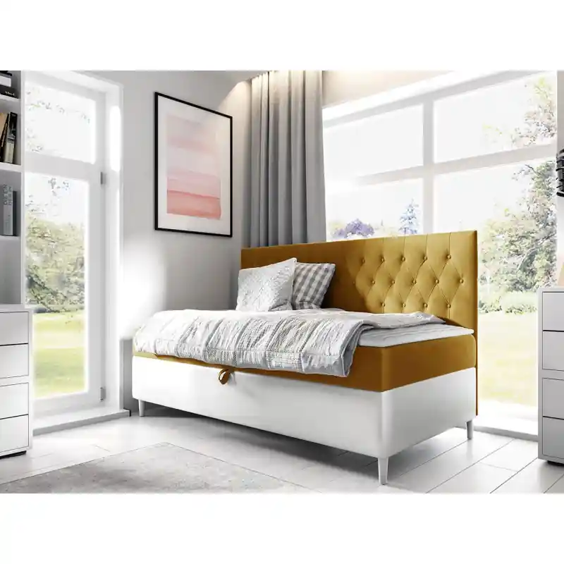 Autentický Boxspringová jednolůžková postel 80x200 PORFIRO 2 - bílá ekokůže / žlutá + topper ZDARMA
