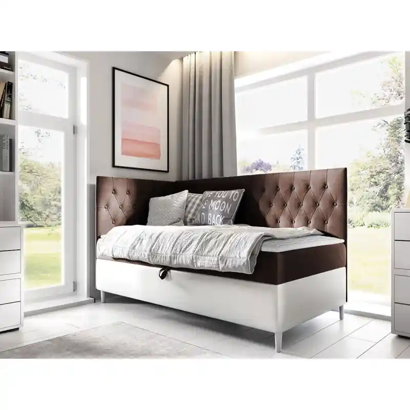 Boxspringová jednolůžková postel 100x200 PORFIRO 3 - bílá ekokůže / hnědá 1, levé provedení + topper ZDARMA Nízká Cena