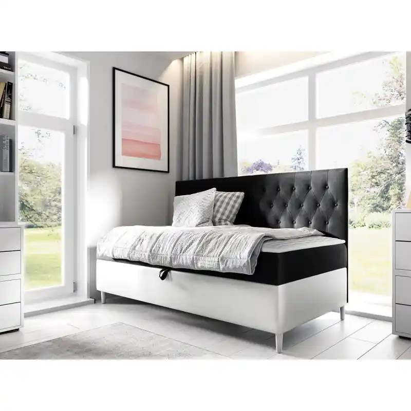 Omezená Nabídka Boxspringová jednolůžková postel 100x200 PORFIRO 2 - bílá ekokůže / černá + topper ZDARMA