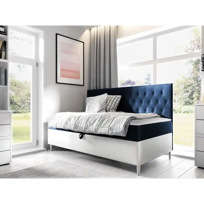 Vysoce Kvalitní Boxspringová jednolůžková postel 100x200 PORFIRO 2 - bílá ekokůže / modrá 1 + topper ZDARMA
