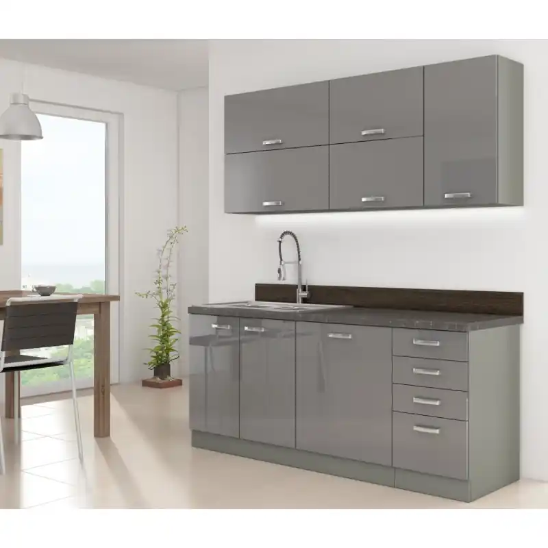 Kuchyně do paneláku 180/180 cm RONG 3 - šedá / lesklá šedá + pracovní deska, příborník a LED osvětlení ZDARMA Jen Po Omezenou Doba