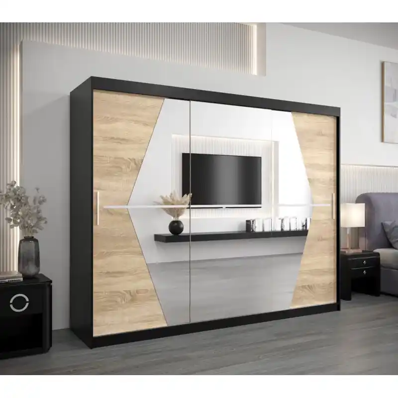 Akční Nabídka Šatní skříň SAMANTA - šířka 250 cm, černá / dub sonoma