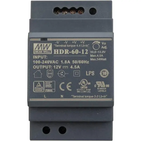 Finální Výprodej Síťový zdroj pro závěsnou lištu HDR-60-12, 12V DC, 4,5 A, 54W, 52,5x90x58,4mm