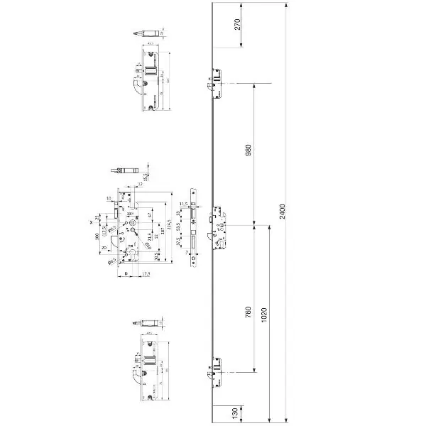 Ověřený KFV MFV-zámek BS 3700 DIN, DM 65,štulp 2400 x 20 x 3 mm hran., pozink stříbrný