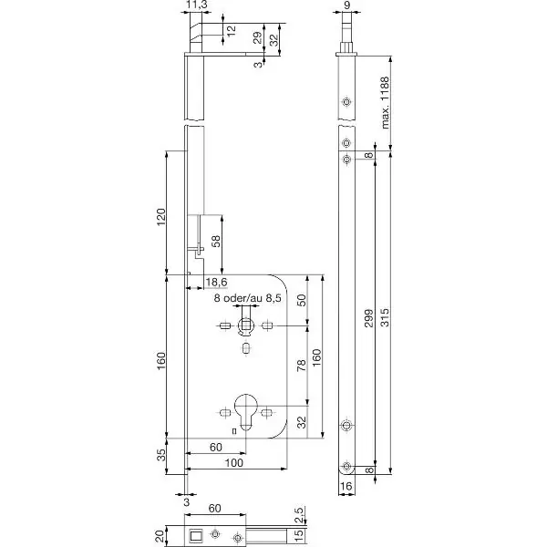 Rozvorový zámek pro posuvné dveře Silent Stop, PZW, DM 60, čelo 315x16mm, pozink Bezpečná Platba